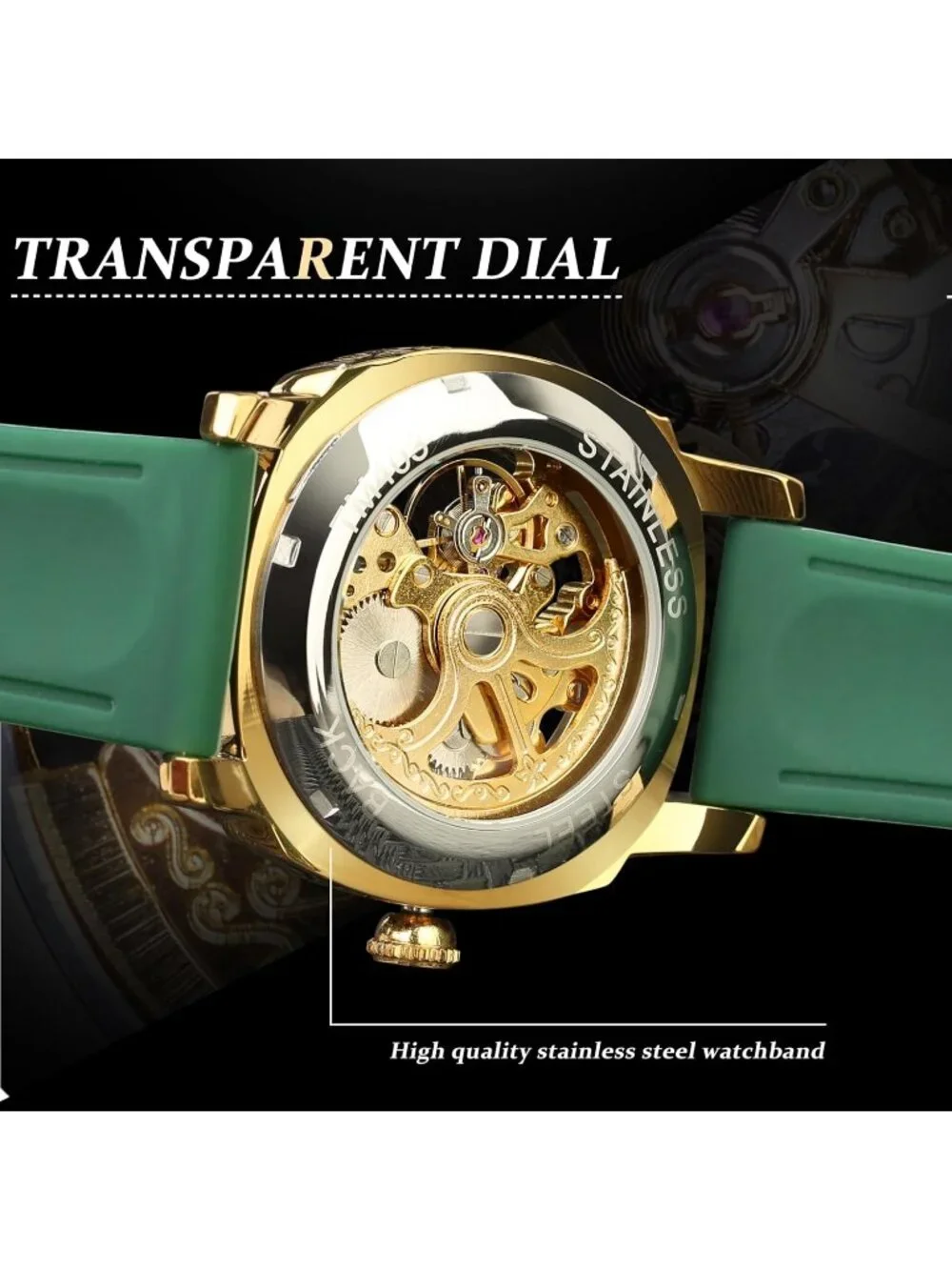 Men's Green Gold Square Mechanical Rubber Strap Self-Wind Carved Automatic Watch